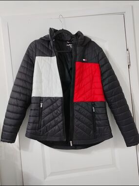 Tommy Hilfiger Quilted Colorblock Puffer Jacket - Black, White & Red
